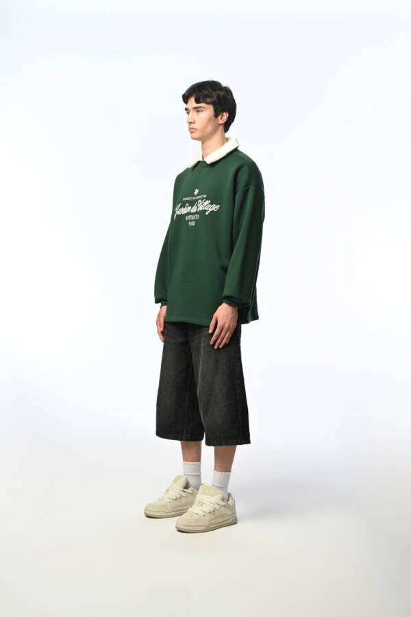 Polo Yaka Nakışlı Oversıze Sweatshirt