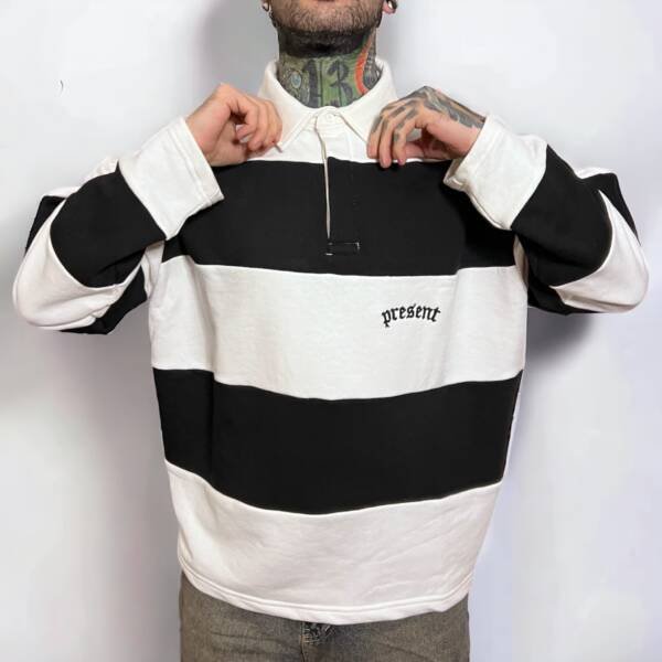 Polo Yaka Oversize Çizgili Sweatshırt